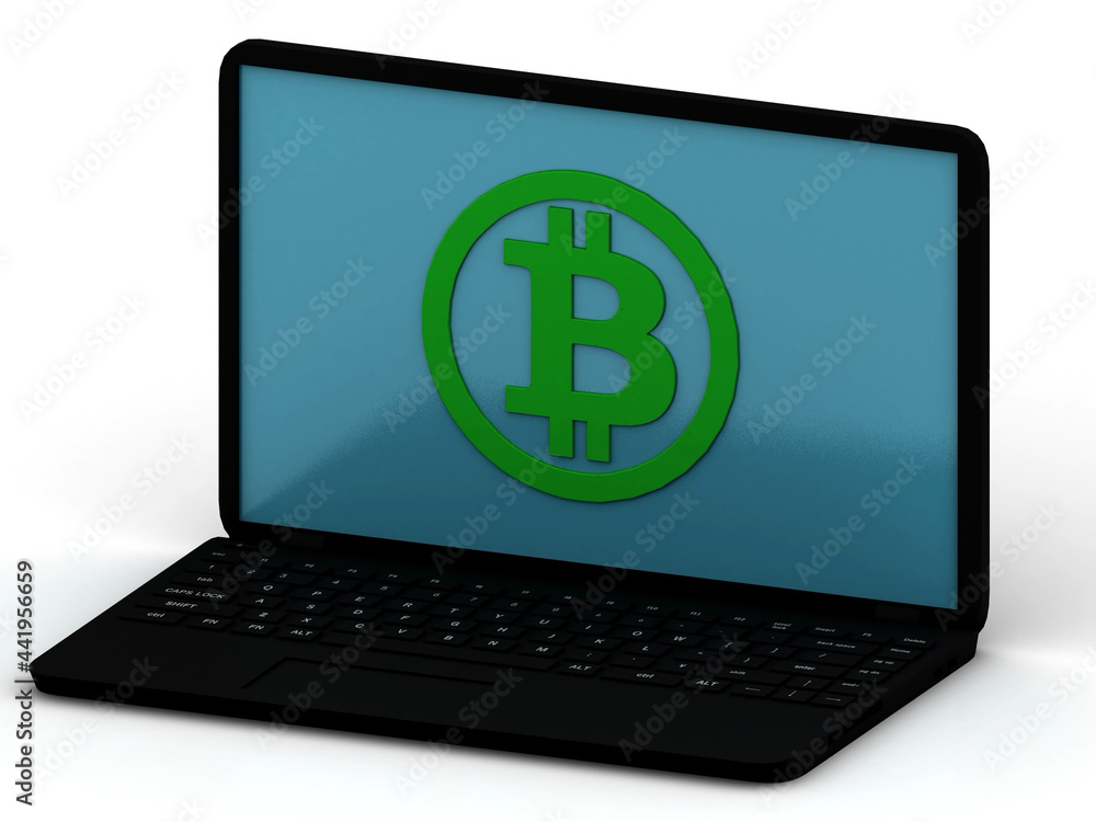 3d illustration of laptop computer and bitcoin signs, internet business concept 3d illustration of laptop computer and bitcoin signs, internet business concept