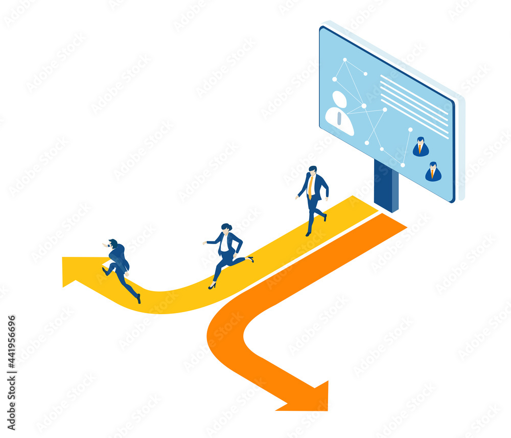 Running business people and computer screen showing diagrams and graphs. Business concept illustration Running business people and computer screen showing diagrams and graphs. Business concept illustration