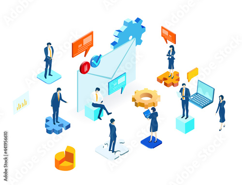 Isometric 3D business environment with business people working in Big data center. Technology, analysing, web support and internet security. Data protection. Isometric working space