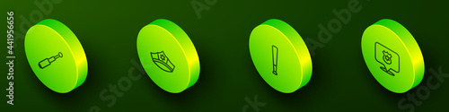 Set Isometric line Telescopic baton, Police cap with cockade, Baseball and badge icon. Vector