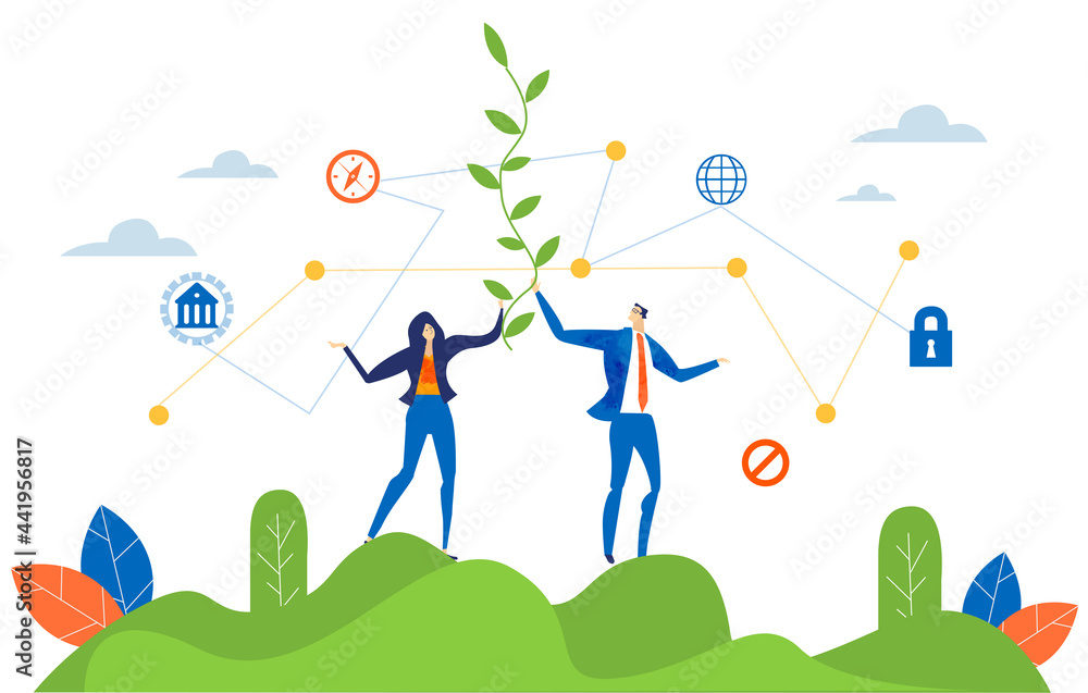Business people are holding up green branch, personal protection, online security. Business concept illustration 