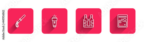 Set line Police rubber baton, Flashlight, Bulletproof vest and Plastic bag drug with long shadow. Red square button. Vector