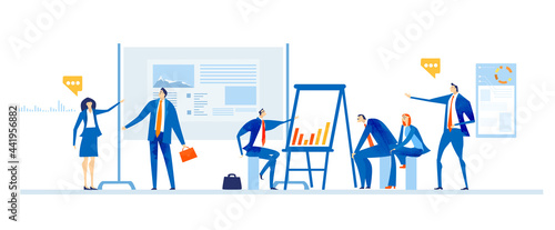 Lots of business people talking, having meeting, negotiating the deal or project developing. Business concept illustration  