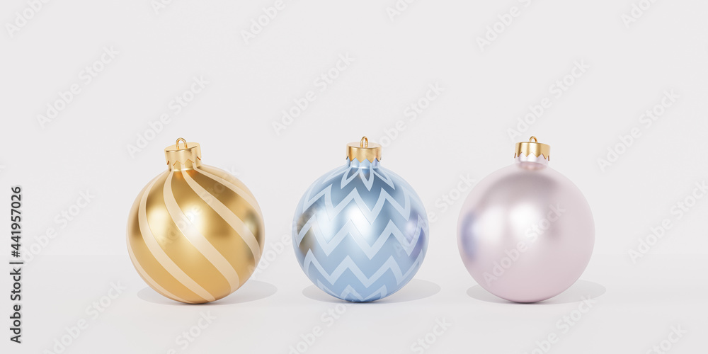 Christmas or New Year holidays banner background with golden and blue baubles or ornaments, 3d render Christmas or New Year holidays banner background with golden and blue baubles or ornaments, 3d render