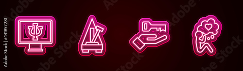 Set line Psychologist online, Metronome with pendulum, Solution to the problem and Head heart. Glowing neon icon. Vector