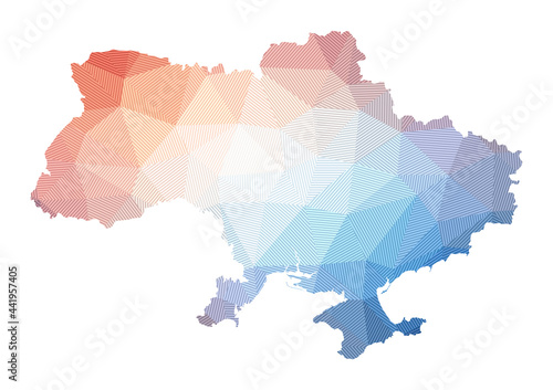 Map of Ukraine. Low poly illustration of the country. Geometric design with stripes. Technology, internet, network concept. Vector illustration.