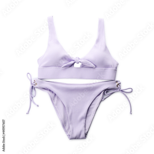 Fototapete Stylish violet swimsuit isolated on white, top view