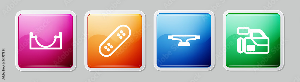 Set line Skate park, Skateboard, wheel and Cinema camera. Colorful square button. Vector Set line Skate park, Skateboard, wheel and Cinema camera. Colorful square button. Vector