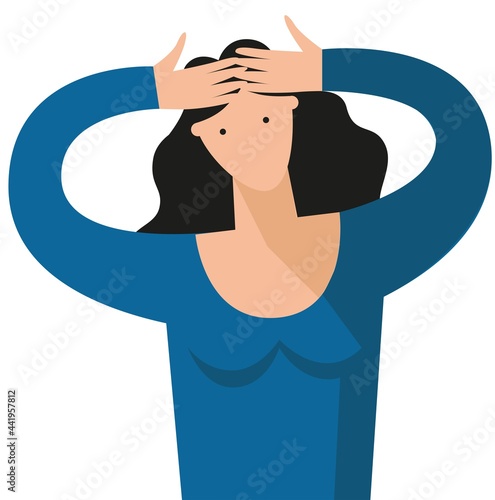 Woman with arms raised to her forehead on a white background
