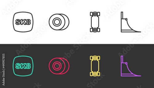 Set line Skateboard, wheel, Longboard or skateboard and park on black and white. Vector