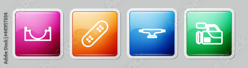 Set line Skate park, Skateboard, wheel and Cinema camera. Colorful square button. Vector