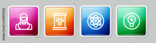 Set line Nuclear reactor worker, Radioactive waste in barrel, Atom and Light bulb with concept of idea. Colorful square button. Vector