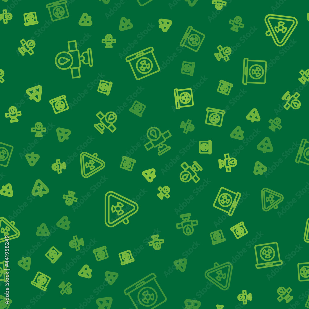 Set line Industry pipe and valve, Triangle with radiation and Nuclear laptop on seamless pattern. Vector Set line Industry pipe and valve, Triangle with radiation and Nuclear laptop on seamless pattern. Vector