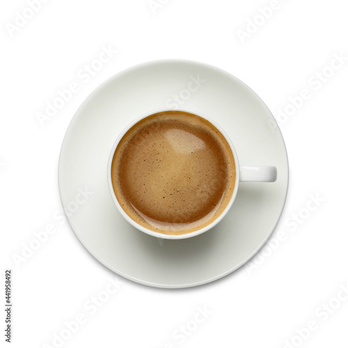 Cup of aromatic hot coffee on white background, top view