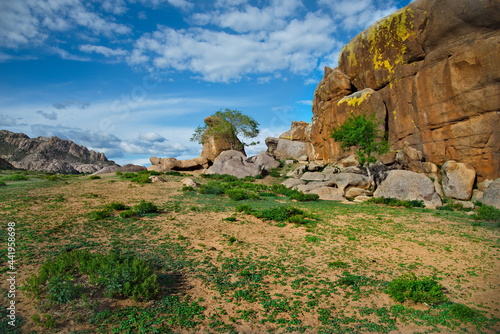 Central Mongolia. Endless steppes with picturesque mountain remains  in the area of the monastery Ovgon Hyde.