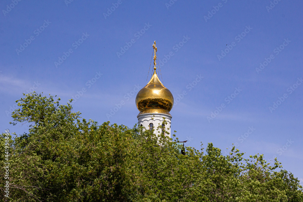 The dome of the Orthodox Church on the background of the sky behind the trees.