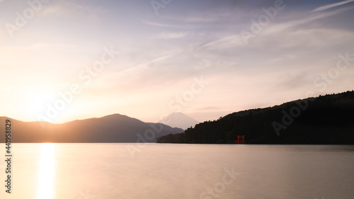 Sunset view of Mount Fuji from lake Ashi  Hakone  Japan