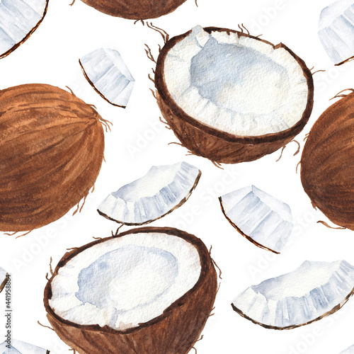 Watercolor coconut seamless pattern. Watercolour repeating background.