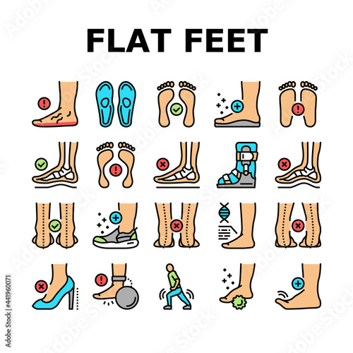 Flat Feet Disease Collection Icons Set Vector. Orthopedic Insoles And Shoes, Inward And Outward Curvature Of Legs, Flat Feet Treatment Concept Linear Pictograms. Contour Color Illustrations