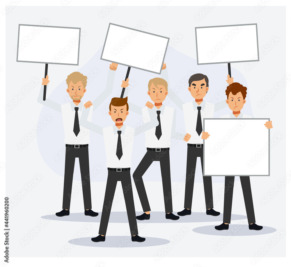 People in crisis with banners protesting.Male office worker are protesting. Flat vector cartoon character illustration People in crisis with banners protesting.Male office worker are protesting. Flat vector cartoon character illustration
