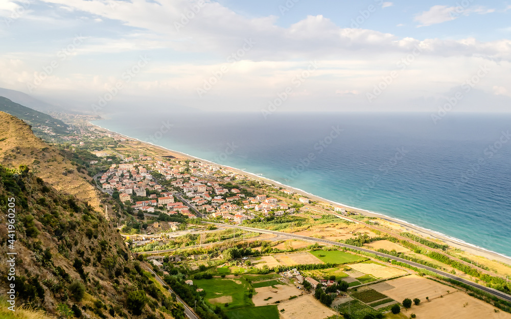 Aerial view over the coastline in Calabria, Italy