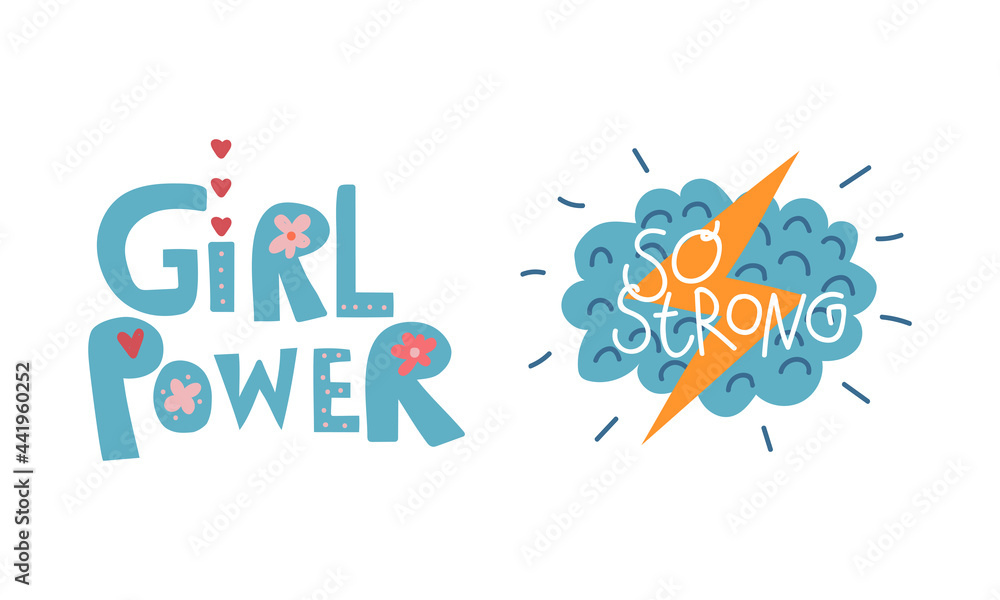Girl Power Trendy Stickers with Cloud and Lightning Vector Set Girl Power Trendy Stickers with Cloud and Lightning Vector Set