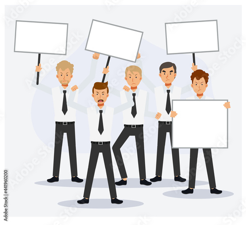 People in crisis with banners protesting.Male office worker are protesting. Flat vector cartoon character illustration