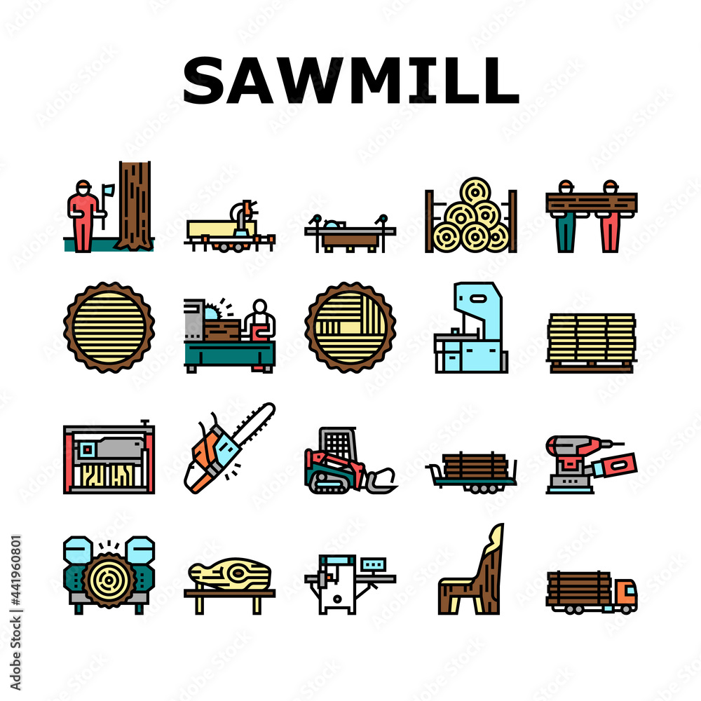 Sawmill Cut Service Collection Icons Set Vector. Sawmill Equipment For ...