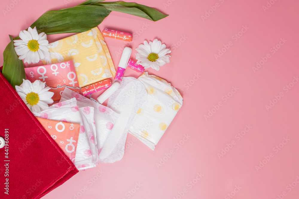 Menstrual tampons and pads in cosmetic bag. Menstruation cycle. Hygiene and protection Menstrual tampons and pads in cosmetic bag. Menstruation cycle. Hygiene and protection