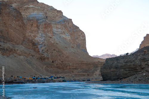 The Rocky mountain and frozen river in the Zanskar valley of Leh