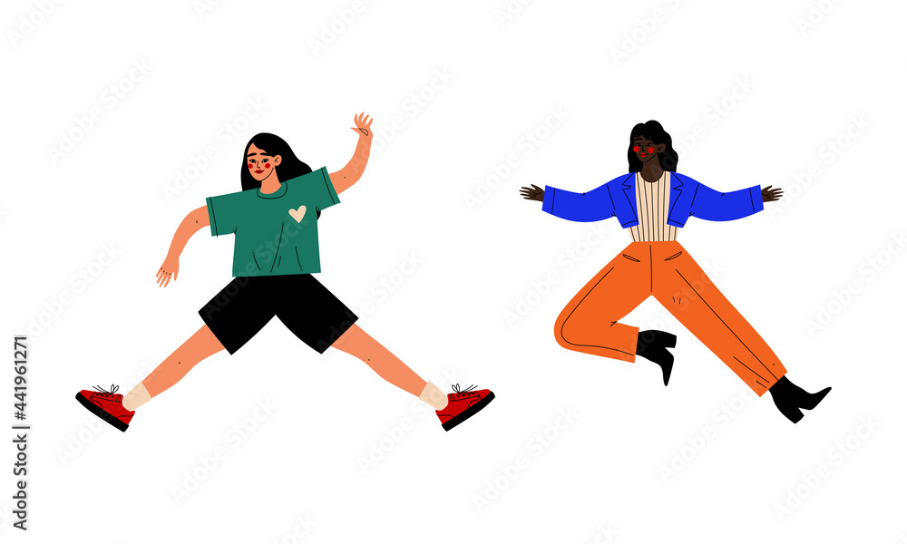 Happy Young Woman Jumping with Raised Hands Vector Set