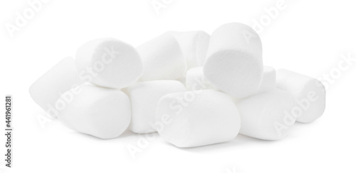 Pile of delicious puffy marshmallows on white background