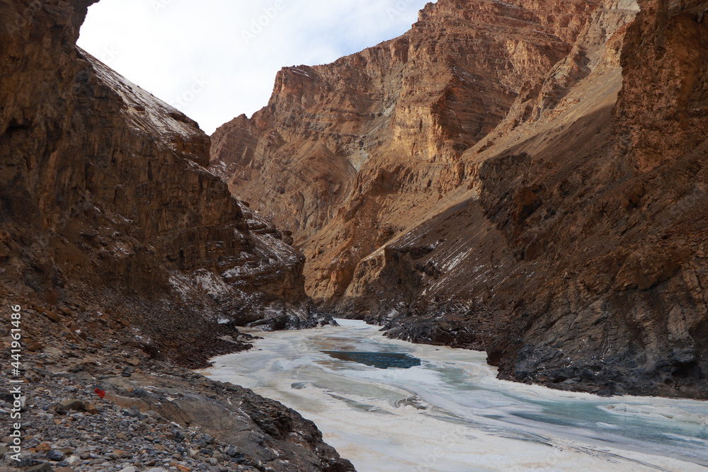 The Rocky mountain and frozen river in the Zanskar valley  of Leh