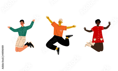 Happy Young Man and Woman Jumping with Raised Hands Vector Set