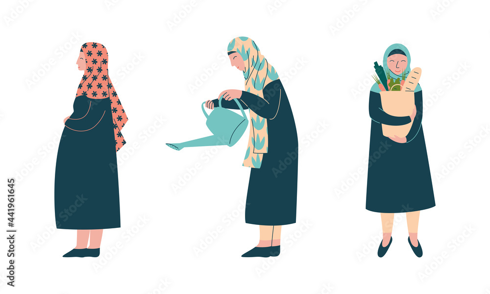 Muslim Woman in Hijab Holding Shopping Bag and Watering Plant Vector Set Muslim Woman in Hijab Holding Shopping Bag and Watering Plant Vector Set