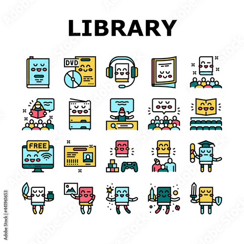 Children Library Read Collection Icons Set Vector. Children Library Reading Material And Activity, Educational And Story Book Concept Linear Pictograms. Contour Color Illustrations