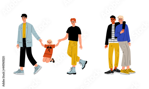 Homosexual Couple with Child Spending Time Together Vector Set