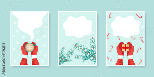 Set of winter new year and christmas flyers with copy space. Hands hold a cup with a drink, a gift. Vector stock illustration. 