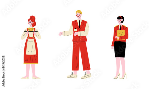 Hotel Staff Character in Uniform with Waitress and Concierge Vector Set