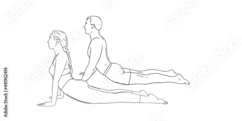 Yoga cobra pose or bhujangasana. Woman and man practicing strengthing yoga pose. Hand drawn vector illustration isolated on white background