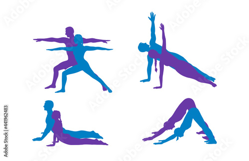 Yoga warrior, dog, cobra and side plank. Woman and man silhouettes strengthing yoga poses. Hand drawn vector illustration isolated on white background