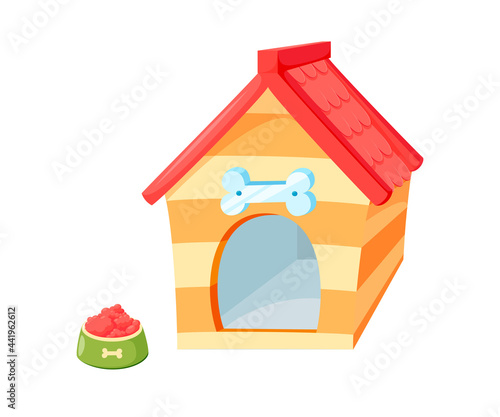 Dog kennel with bowl. Wooden doghouse with red roof isolated in white background. Vector illustration in cute cartoon style