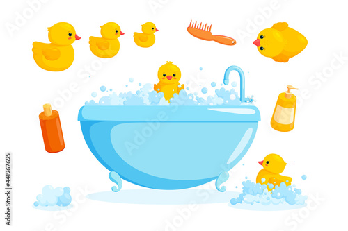 Duck and bath with combs and foam. Bathing set with tub, cosmetics, yellow rubber ducks isolated in white background. Vector illustration in cute cartoon style