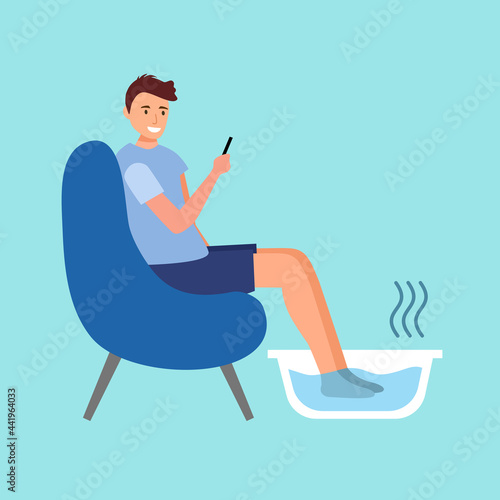 Male soaking feet in bowl filled with warm water at home or spa in flat design. Warming feet for relaxation concept vector illustration. Foot bath.