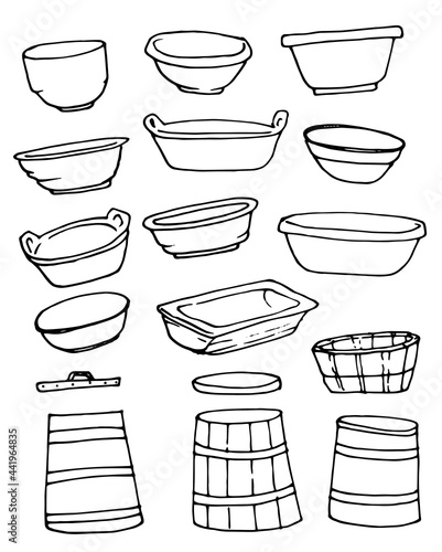The Basin vector set. a set of insulated plastic basins and bowls and wooden barrels, courts and tubs , painted in doodle style, side view with an isolated black line on a white background for a label