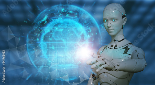 Hand humanoid robot touch global futuristic network connection. 3D rendering futuristic robot technology development, AI, and machine learning. Digital disruption. Robot, automation vector illustrate.