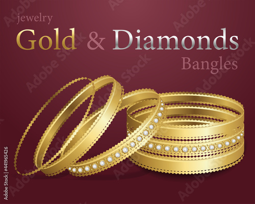 diamond cut gold bangles woman fashion gold Bracelet jewelry luxury bridal bangle set with text background vector illustration
