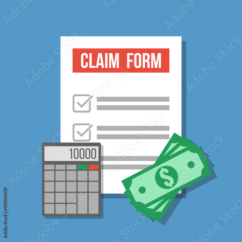 claim form paper document with calculator and dollar banknotes, flat vector illustration