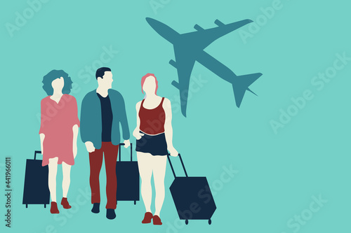 Travelling people with suitcases, airplane in background. Post-corona travelling concept. Travelling after coronavirus covid19 illustration. 