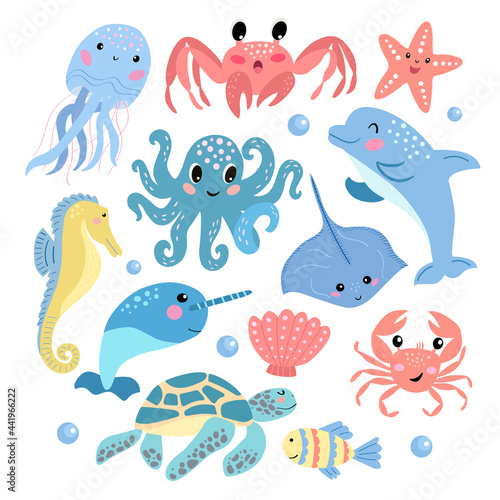 Set of cute cartoon sea animals - dolphin octopus jellyfish crab turtle narwhal seahorse. Vector graphics on a white background. For the design of posters, covers, cards, prints on packaging.